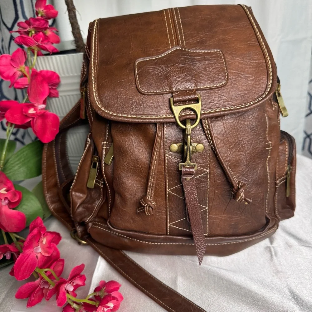Brown Leather Backpack with Gold Accents